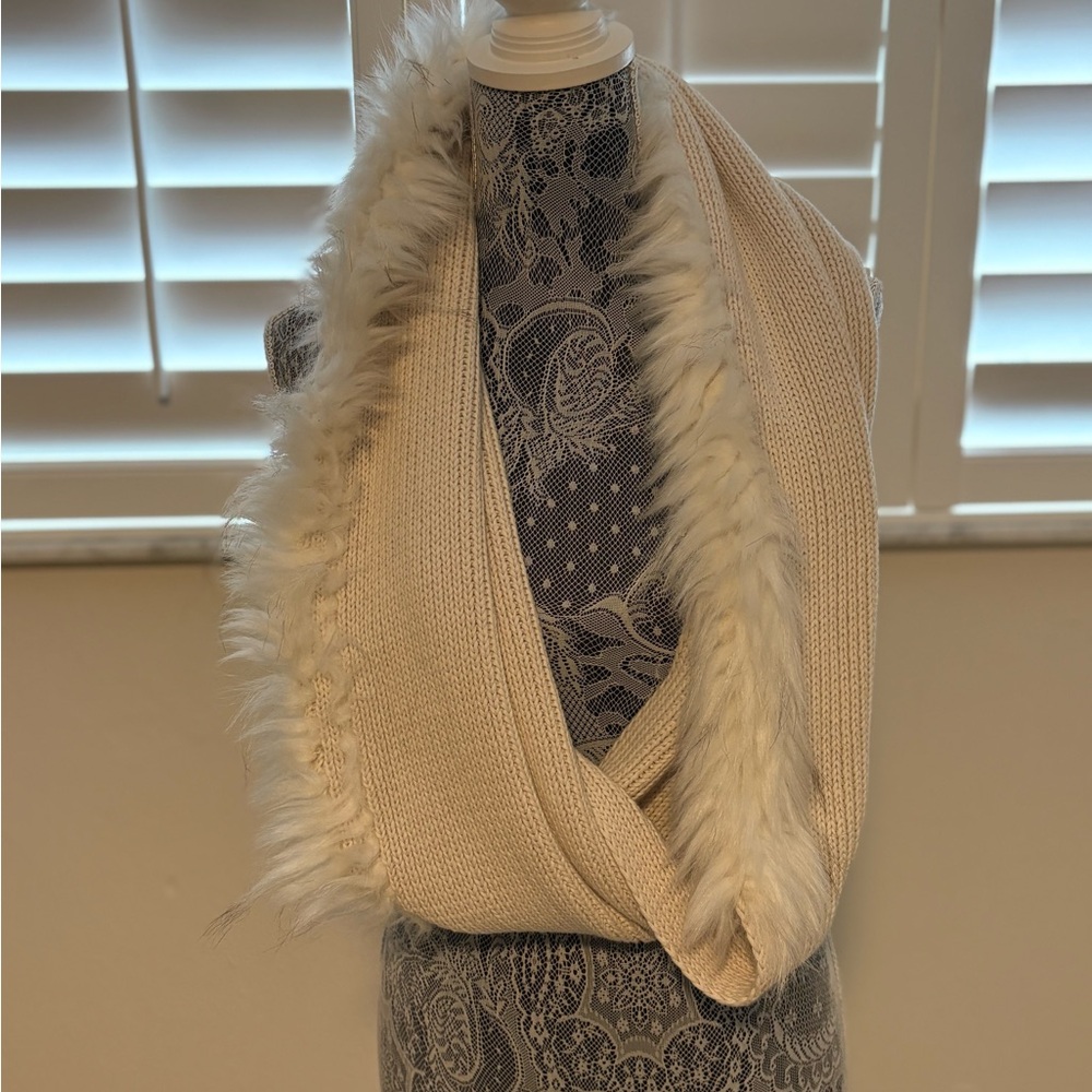 Cream Knit Infinity Scarf with Faux Fur Trim